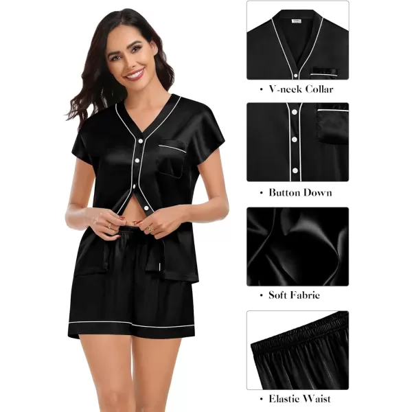 SWOMOG Womens 3pcs Silk Satin Pajamas Set Short Sleeve Button Down Sleepwear Soft Loungewear Pjs NightwearBlack