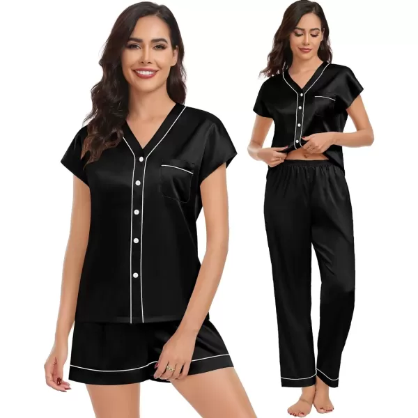 SWOMOG Womens 3pcs Silk Satin Pajamas Set Short Sleeve Button Down Sleepwear Soft Loungewear Pjs NightwearBlack