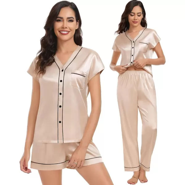 SWOMOG Womens 3pcs Silk Satin Pajamas Set Short Sleeve Button Down Sleepwear Soft Loungewear Pjs NightwearChampagne