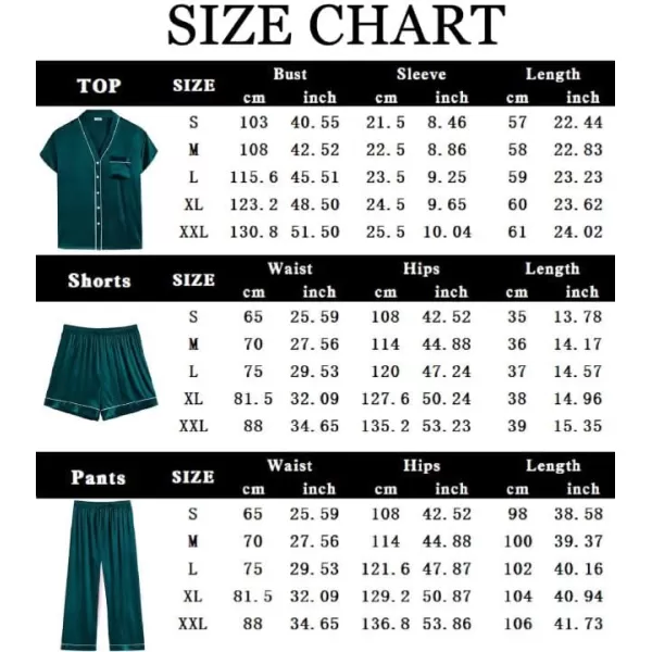 SWOMOG Womens 3pcs Silk Satin Pajamas Set Short Sleeve Button Down Sleepwear Soft Loungewear Pjs NightwearDark Green