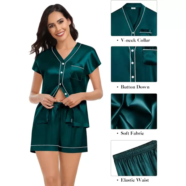 SWOMOG Womens 3pcs Silk Satin Pajamas Set Short Sleeve Button Down Sleepwear Soft Loungewear Pjs NightwearDark Green