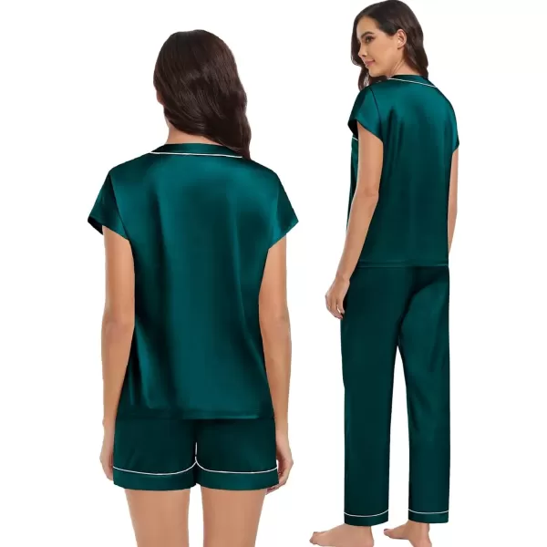 SWOMOG Womens 3pcs Silk Satin Pajamas Set Short Sleeve Button Down Sleepwear Soft Loungewear Pjs NightwearDark Green