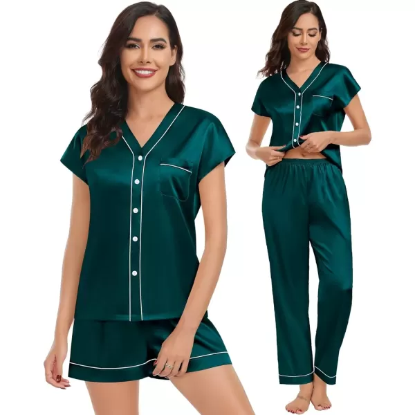 SWOMOG Womens 3pcs Silk Satin Pajamas Set Short Sleeve Button Down Sleepwear Soft Loungewear Pjs NightwearDark Green