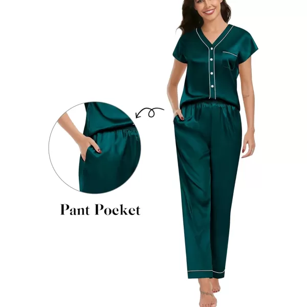 SWOMOG Womens 3pcs Silk Satin Pajamas Set Short Sleeve Button Down Sleepwear Soft Loungewear Pjs NightwearDark Green