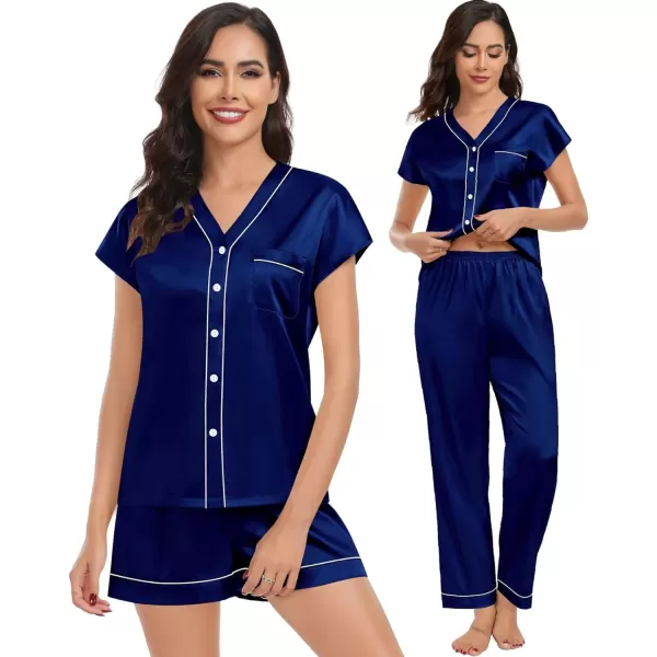 SWOMOG Womens 3pcs Silk Satin Pajamas Set Short Sleeve Button Down Sleepwear Soft Loungewear Pjs NightwearNavy Blue