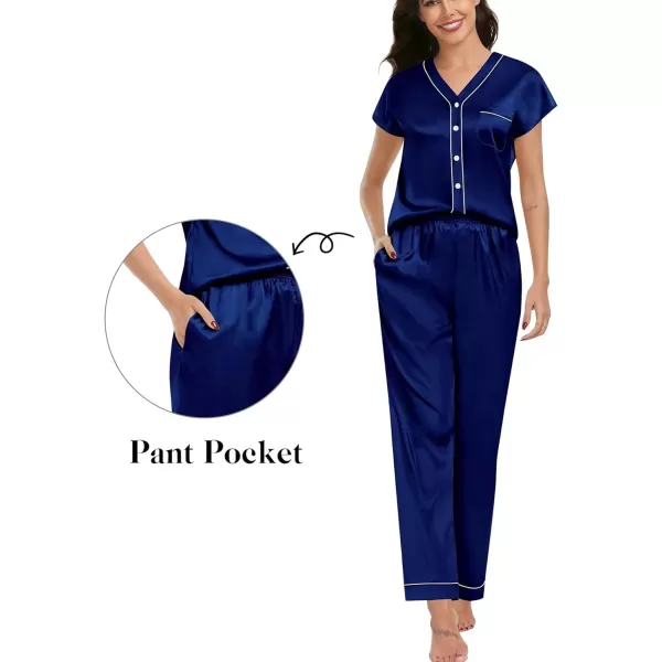 SWOMOG Womens 3pcs Silk Satin Pajamas Set Short Sleeve Button Down Sleepwear Soft Loungewear Pjs NightwearNavy Blue