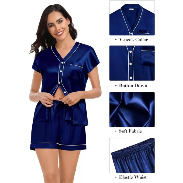 SWOMOG Womens 3pcs Silk Satin Pajamas Set Short Sleeve Button Down Sleepwear Soft Loungewear Pjs NightwearNavy Blue