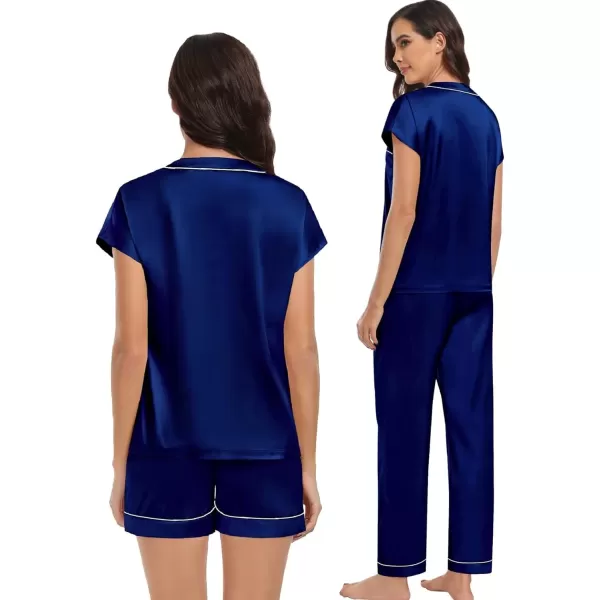 SWOMOG Womens 3pcs Silk Satin Pajamas Set Short Sleeve Button Down Sleepwear Soft Loungewear Pjs NightwearNavy Blue