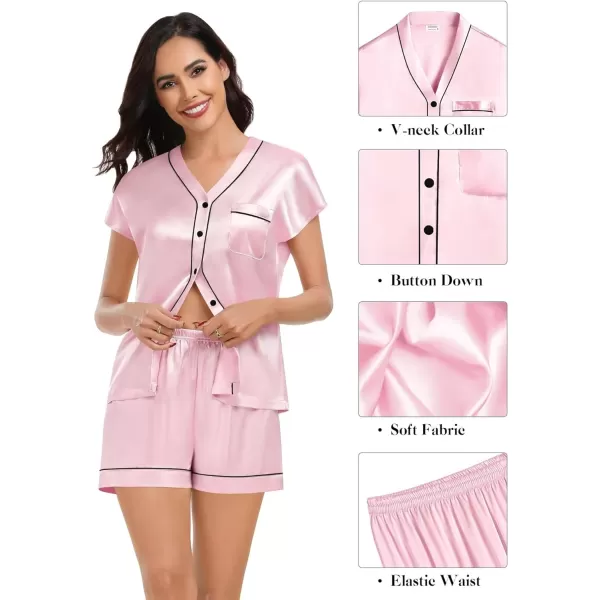 SWOMOG Womens 3pcs Silk Satin Pajamas Set Short Sleeve Button Down Sleepwear Soft Loungewear Pjs NightwearPink