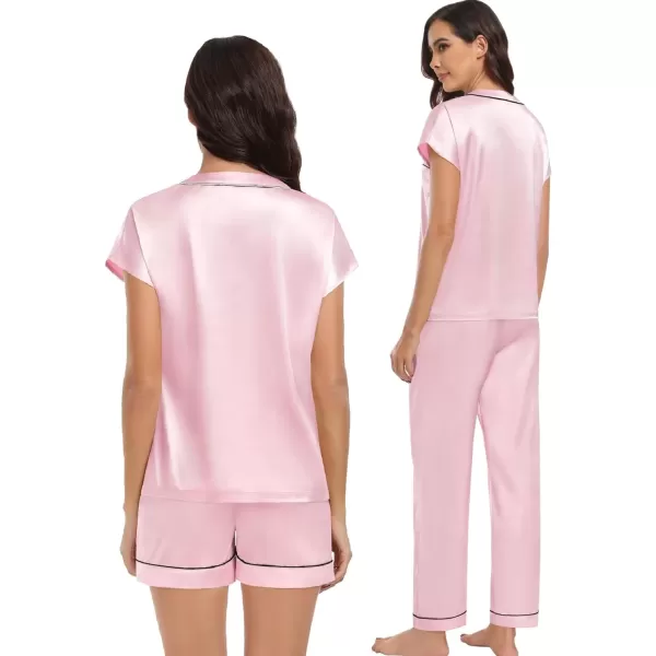 SWOMOG Womens 3pcs Silk Satin Pajamas Set Short Sleeve Button Down Sleepwear Soft Loungewear Pjs NightwearPink