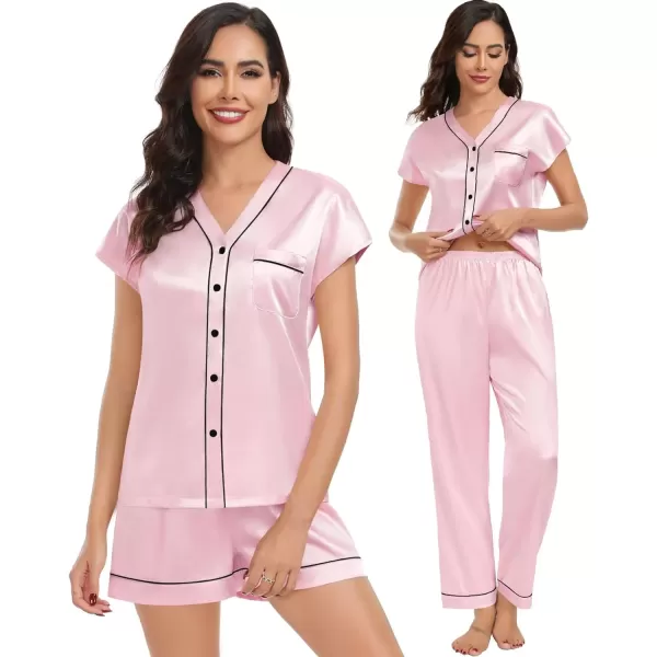 SWOMOG Womens 3pcs Silk Satin Pajamas Set Short Sleeve Button Down Sleepwear Soft Loungewear Pjs NightwearPink