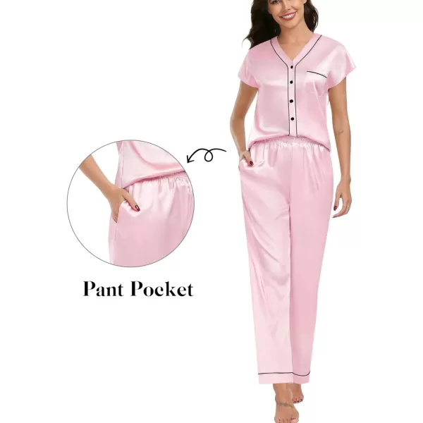 SWOMOG Womens 3pcs Silk Satin Pajamas Set Short Sleeve Button Down Sleepwear Soft Loungewear Pjs NightwearPink