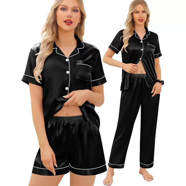 SWOMOG Womens 5 Pcs Silk Satin Pajamas Sets Short Sleeve Sleepwear Button Down Pjs Loungewear with Shorts  Long PantsBlack