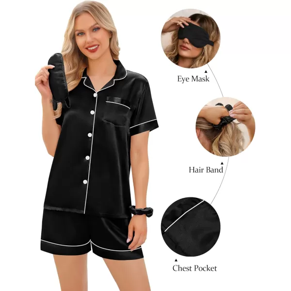 SWOMOG Womens 5 Pcs Silk Satin Pajamas Sets Short Sleeve Sleepwear Button Down Pjs Loungewear with Shorts  Long PantsBlack