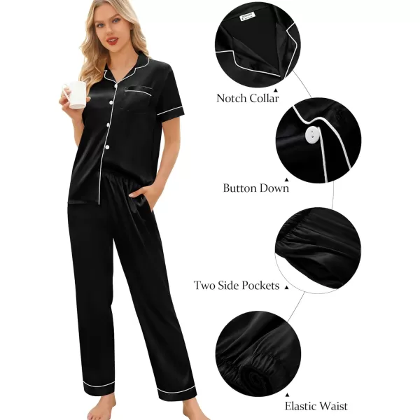 SWOMOG Womens 5 Pcs Silk Satin Pajamas Sets Short Sleeve Sleepwear Button Down Pjs Loungewear with Shorts  Long PantsBlack