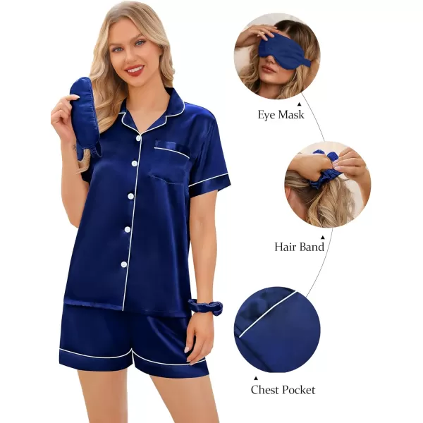 SWOMOG Womens 5 Pcs Silk Satin Pajamas Sets Short Sleeve Sleepwear Button Down Pjs Loungewear with Shorts  Long PantsNavy Blue