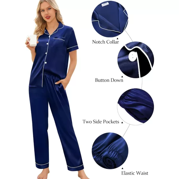 SWOMOG Womens 5 Pcs Silk Satin Pajamas Sets Short Sleeve Sleepwear Button Down Pjs Loungewear with Shorts  Long PantsNavy Blue