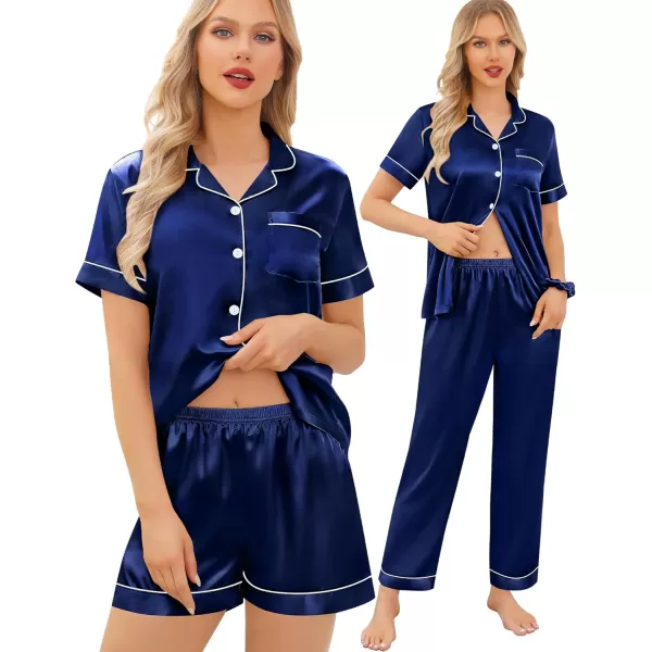 SWOMOG Womens 5 Pcs Silk Satin Pajamas Sets Short Sleeve Sleepwear Button Down Pjs Loungewear with Shorts  Long PantsNavy Blue