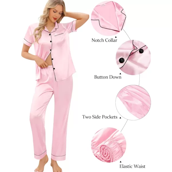 SWOMOG Womens 5 Pcs Silk Satin Pajamas Sets Short Sleeve Sleepwear Button Down Pjs Loungewear with Shorts  Long PantsPink