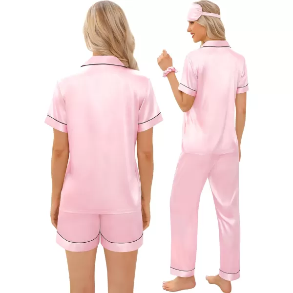 SWOMOG Womens 5 Pcs Silk Satin Pajamas Sets Short Sleeve Sleepwear Button Down Pjs Loungewear with Shorts  Long PantsPink