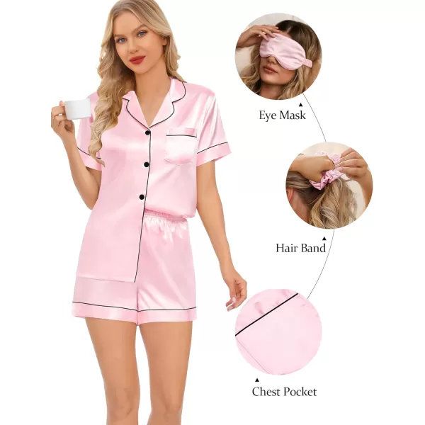 SWOMOG Womens 5 Pcs Silk Satin Pajamas Sets Short Sleeve Sleepwear Button Down Pjs Loungewear with Shorts  Long PantsPink