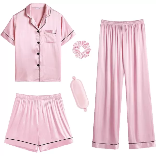 SWOMOG Womens 5 Pcs Silk Satin Pajamas Sets Short Sleeve Sleepwear Button Down Pjs Loungewear with Shorts  Long PantsPink