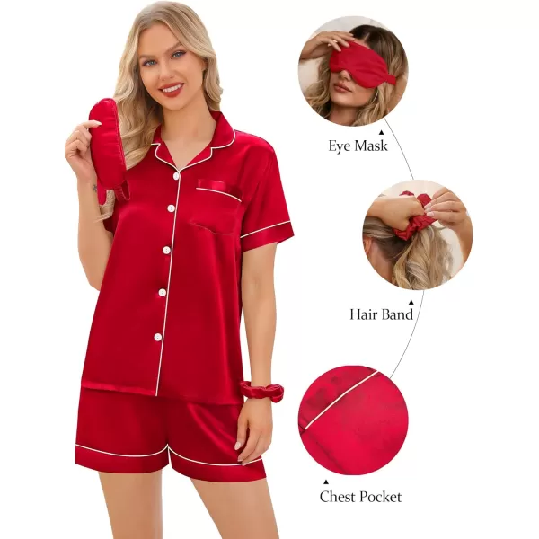 SWOMOG Womens 5 Pcs Silk Satin Pajamas Sets Short Sleeve Sleepwear Button Down Pjs Loungewear with Shorts  Long PantsRed