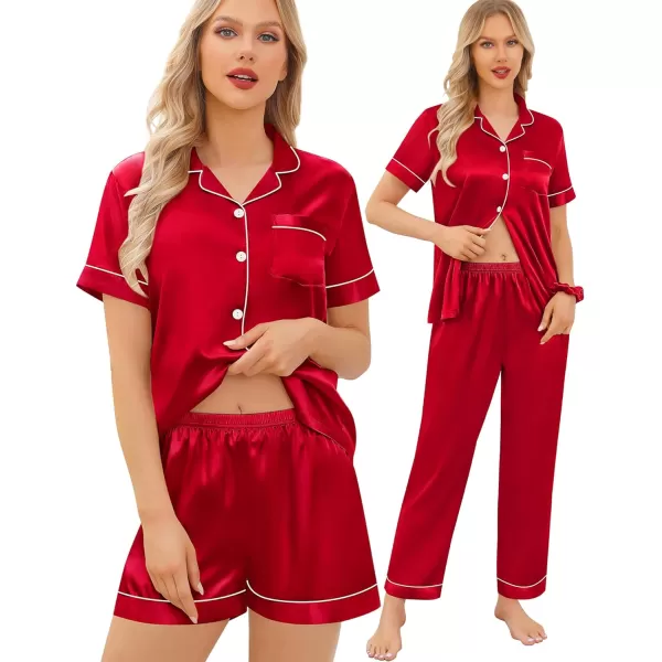 SWOMOG Womens 5 Pcs Silk Satin Pajamas Sets Short Sleeve Sleepwear Button Down Pjs Loungewear with Shorts  Long PantsRed