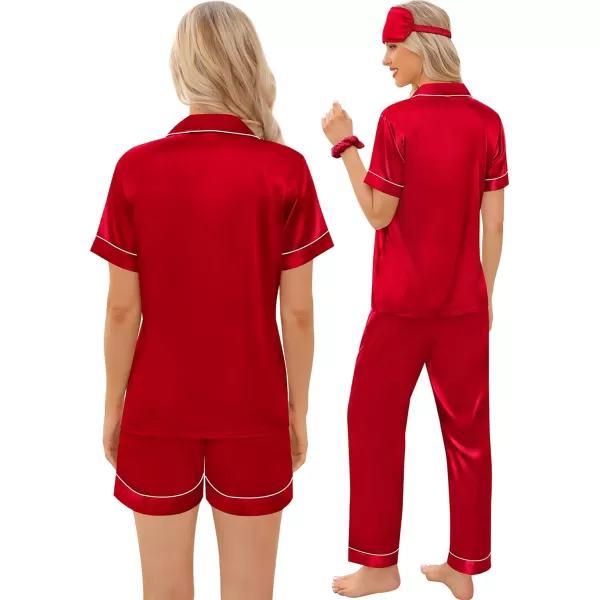 SWOMOG Womens 5 Pcs Silk Satin Pajamas Sets Short Sleeve Sleepwear Button Down Pjs Loungewear with Shorts  Long PantsRed