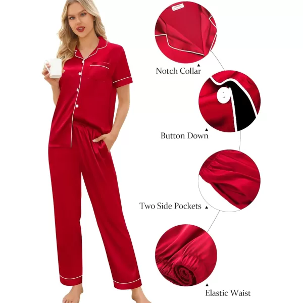 SWOMOG Womens 5 Pcs Silk Satin Pajamas Sets Short Sleeve Sleepwear Button Down Pjs Loungewear with Shorts  Long PantsRed