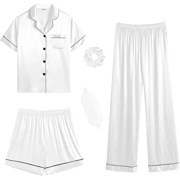 SWOMOG Womens 5 Pcs Silk Satin Pajamas Sets Short Sleeve Sleepwear Button Down Pjs Loungewear with Shorts  Long PantsWhite