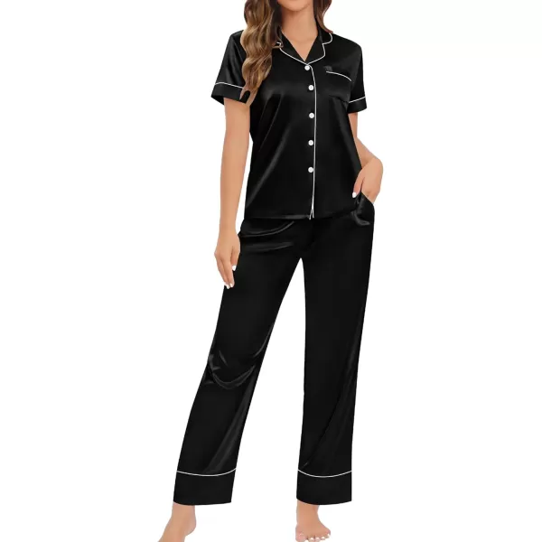 SWOMOG Womens Satin Pajama Set Short Sleeve Button Down Top and Long Pants 2 Pcs Loungewear Pj Set with PocketsBlack