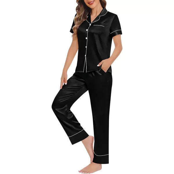 SWOMOG Womens Satin Pajama Set Short Sleeve Button Down Top and Long Pants 2 Pcs Loungewear Pj Set with PocketsBlack