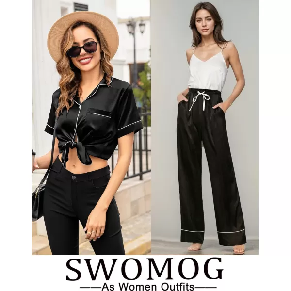 SWOMOG Womens Satin Pajama Set Short Sleeve Button Down Top and Long Pants 2 Pcs Loungewear Pj Set with PocketsBlack