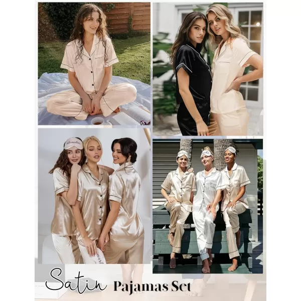 SWOMOG Womens Satin Pajama Set Short Sleeve Button Down Top and Long Pants 2 Pcs Loungewear Pj Set with PocketsChampagne