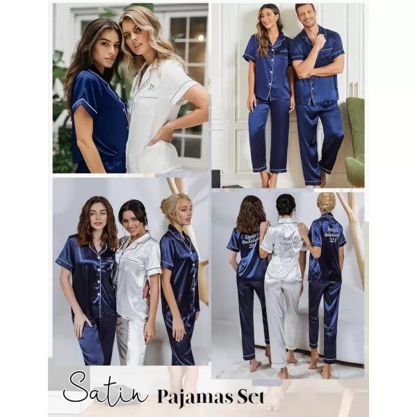 SWOMOG Womens Satin Pajama Set Short Sleeve Button Down Top and Long Pants 2 Pcs Loungewear Pj Set with PocketsNavy Blue