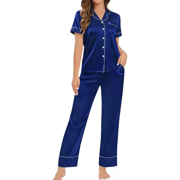 SWOMOG Womens Satin Pajama Set Short Sleeve Button Down Top and Long Pants 2 Pcs Loungewear Pj Set with PocketsNavy Blue