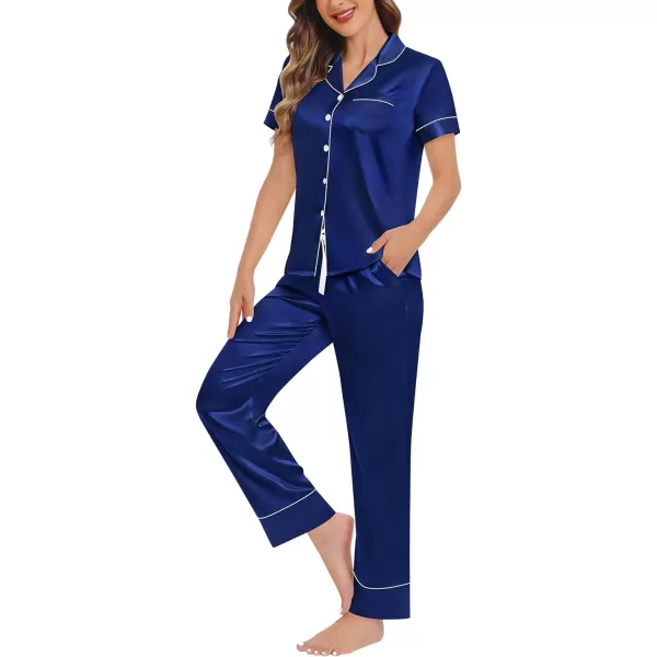 SWOMOG Womens Satin Pajama Set Short Sleeve Button Down Top and Long Pants 2 Pcs Loungewear Pj Set with PocketsNavy Blue