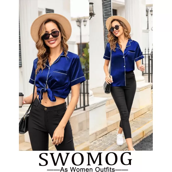 SWOMOG Womens Satin Pajama Set Short Sleeve Button Down Top and Long Pants 2 Pcs Loungewear Pj Set with PocketsNavy Blue