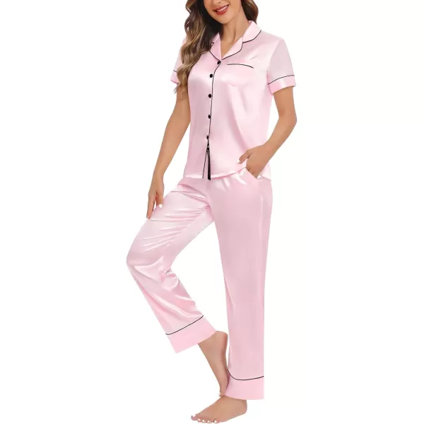 SWOMOG Womens Satin Pajama Set Short Sleeve Button Down Top and Long Pants 2 Pcs Loungewear Pj Set with PocketsPink