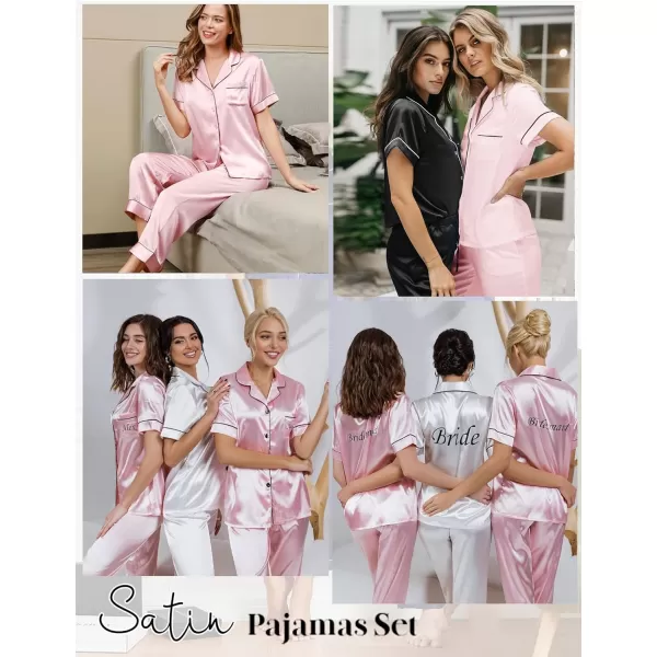 SWOMOG Womens Satin Pajama Set Short Sleeve Button Down Top and Long Pants 2 Pcs Loungewear Pj Set with PocketsPink