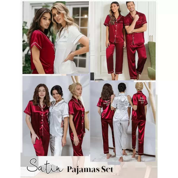 SWOMOG Womens Satin Pajama Set Short Sleeve Button Down Top and Long Pants 2 Pcs Loungewear Pj Set with PocketsRed