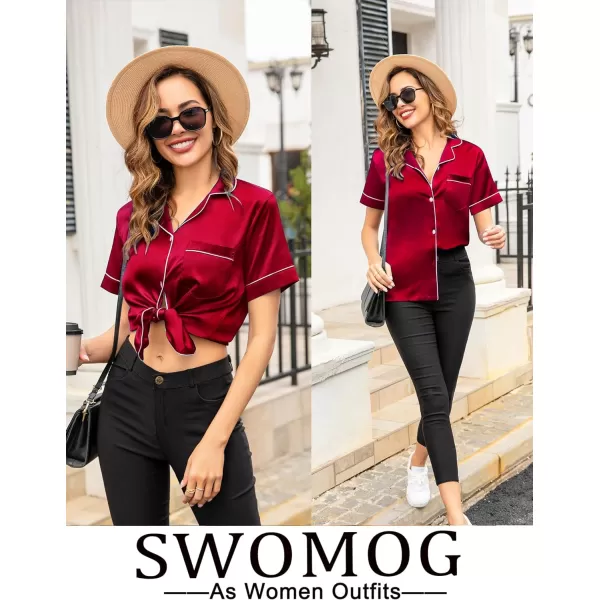 SWOMOG Womens Satin Pajama Set Short Sleeve Button Down Top and Long Pants 2 Pcs Loungewear Pj Set with PocketsRed