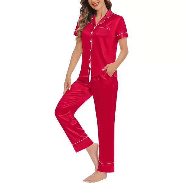 SWOMOG Womens Satin Pajama Set Short Sleeve Button Down Top and Long Pants 2 Pcs Loungewear Pj Set with PocketsRed