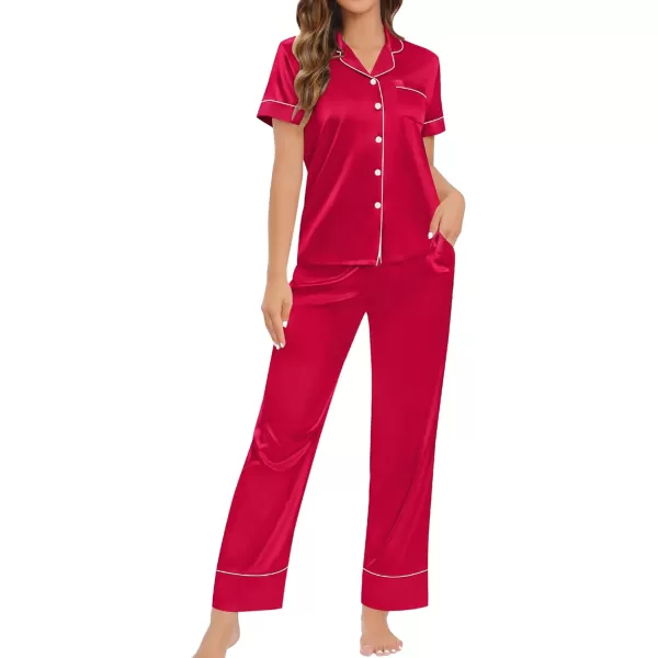 SWOMOG Womens Satin Pajama Set Short Sleeve Button Down Top and Long Pants 2 Pcs Loungewear Pj Set with PocketsRed