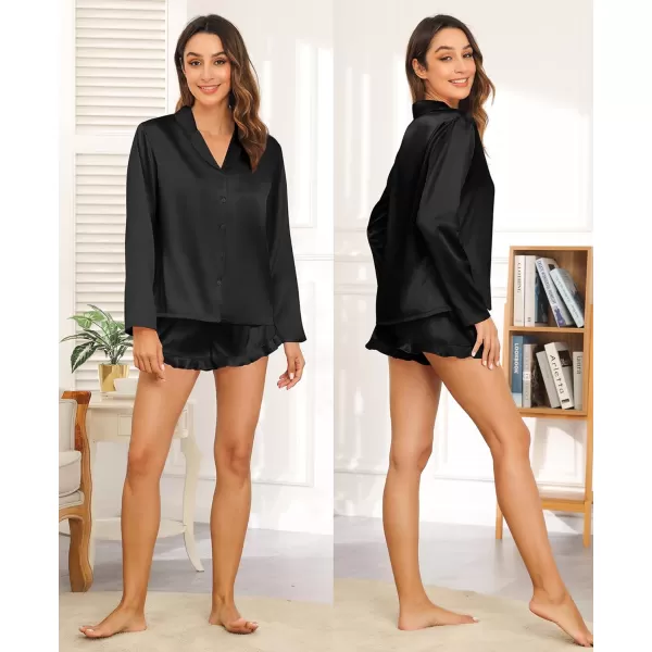 SWOMOG Womens Silk Satin Pajama Sets Long Sleeve Tops and Shorts Ruffle PJs Button Down Sleepwear Bride 2 Piece Lounge SetBlack