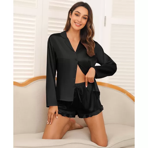 SWOMOG Womens Silk Satin Pajama Sets Long Sleeve Tops and Shorts Ruffle PJs Button Down Sleepwear Bride 2 Piece Lounge SetBlack