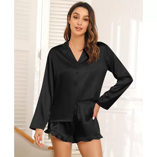 SWOMOG Womens Silk Satin Pajama Sets Long Sleeve Tops and Shorts Ruffle PJs Button Down Sleepwear Bride 2 Piece Lounge SetBlack