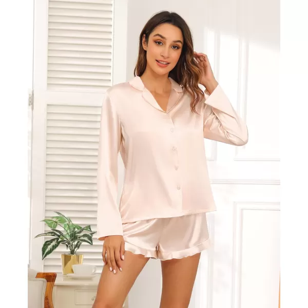 SWOMOG Womens Silk Satin Pajama Sets Long Sleeve Tops and Shorts Ruffle PJs Button Down Sleepwear Bride 2 Piece Lounge SetChampagne