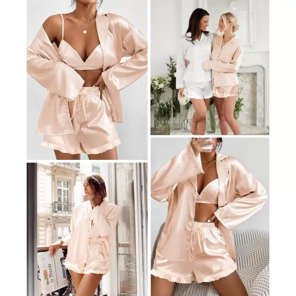 SWOMOG Womens Silk Satin Pajama Sets Long Sleeve Tops and Shorts Ruffle PJs Button Down Sleepwear Bride 2 Piece Lounge SetChampagne